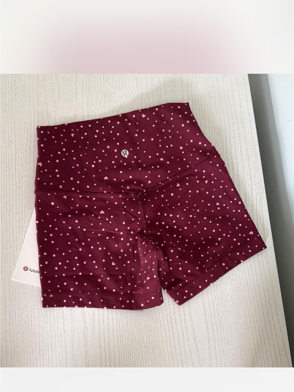 lululemon athletica High-Rise Burgundy with Pink Heart Dot Bike Shorts